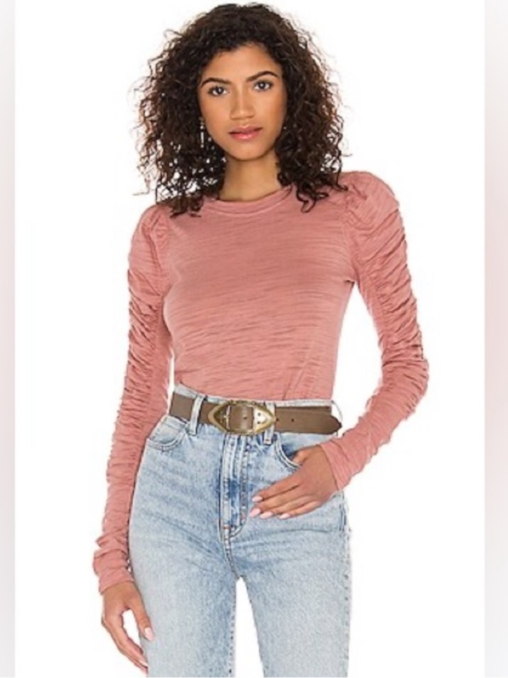 We The Free Natasha Tee Long Sleeve Ruched Top in Blush Size Small